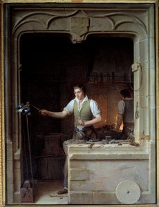 カケスにファイルを噛ませようとする鍵屋 ジャン・ド・ラ・フォンテーヌの寓話の挿絵。ジャン・アントワーヌ・ローラン(1763-1832)による絵画 1829 Sun.0,86x0,65 m - カケスに金属製のヤスリを噛ませようとする鍵屋。ジャン・ド・ラ・フォンテーヌの『寓話』の挿絵 作： Jean Antoine Laurent