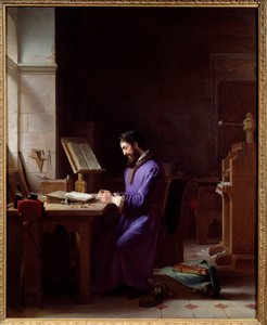 印刷機を発明したヨハネス・ゲンスフライシュ・グーテンベルク（1400-1468） ドイツの印刷人は、オフィスで文字を扱う代表者。ジャン・アントワーヌ・ローラン（1763-1832）による絵画 1830年 グルノーブル、ボザール美術館（Musee des Beaux Arts 作： Jean Antoine Laurent