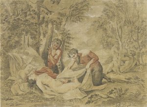 眠っているニンフをスパイする 2 人のサテュロス 作： Jean Antoine Watteau (rejected attribution)