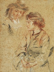 1717年頃、帽子をかぶった4分の3の長さの着席の青年 作： Jean Antoine Watteau
