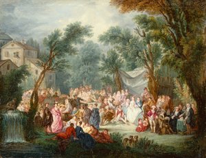 エレガントな会社、新郎新婦の到着で戸外 (オイル) 作： Jean Antoine Watteau