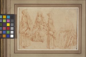 4人の女性（紙に赤いチョーク（サンギン）） 作： Jean Antoine Watteau
