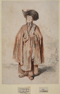 修道士、立っている（紙にグラファイトとチョーク） 作： Jean Antoine Watteau