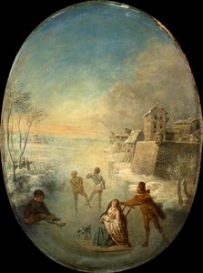 冬の城壁に囲まれた町の氷上のジェントルフォーク (オイル) 作： Jean Antoine Watteau