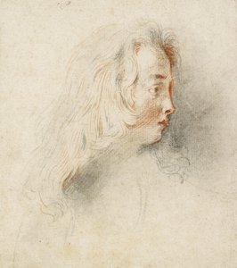 横顔の少年の頭（汚れたオフホワイトの紙に黒と赤のチョーク） 作： Jean Antoine Watteau
