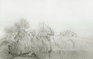 急な崖の端にある家（紙に赤いチョーク） 作： Jean Antoine Watteau