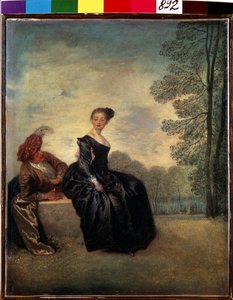 ブードゥーズ（気まぐれな女性）。 ジャン アントワーヌ ヴァトー (1684-1721) の絵画。 キャンバスに油彩、42 x 34 cm 作： Jean Antoine Watteau