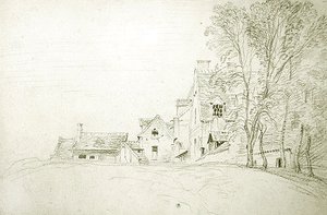 木々に囲まれた道路沿いの風景（紙に赤いチョーク） 作： Jean Antoine Watteau