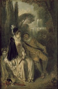 優雅な休息、c.1713（パネルに油彩） 作： Jean Antoine Watteau