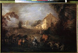 戦争の負担。 ジャン アントワーヌ ヴァトー (1684-1721) の絵画。 銅に油彩、21.5 x 33.5 cm、1713年頃。フランス美術、ロココ美術。 エルミタージュ美術館、サンクトペテルブルク。 作： Jean Antoine Watteau