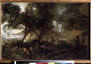 「戦争からの休息」。 （戦争からの休息）。 ジャン アントワーヌ ヴァトー (1684-1721) による絵画、1716 年頃。銅に油彩。 エルミタージュ美術館、サンクトペテルブルク。 作： Jean Antoine Watteau