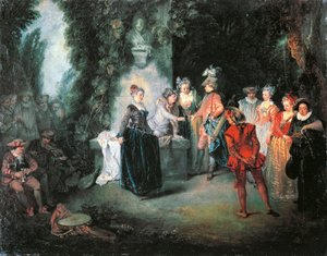 ジャン＝アントワーヌ・ワトー（1684-1721）の「フランス演劇の愛」。 作： Jean Antoine Watteau