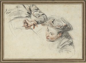 ベレー帽と柄に手を持つ男の頭 作： Jean Antoine Watteau