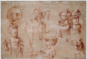 ピエロの仮面、胸像の5人の少女、男のドレープ、女の顔。ジャン・アントワーヌ・ワトー（1684-1721）による血と白亜の垣根のデッサン 18世紀 日0.27x0.4 m パリ、ルーヴル美術館 作： Jean Antoine Watteau
