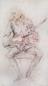 彼の楽器を回す着席バイオリニスト。 作： Jean Antoine Watteau