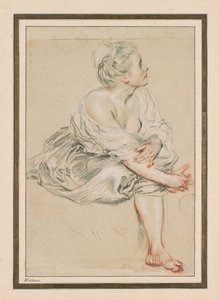 着席した若い女性、c。 1716年（紙に黒、赤、白のチョーク） 作： Jean Antoine Watteau