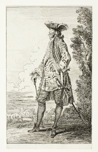帽子をかぶった立ち姿の男、左向き（「モード人物」より 作： Jean Antoine Watteau