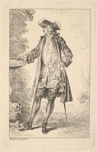 右手が洗面器で休んでいる立っている男。 1710年。 作： Jean Antoine Watteau