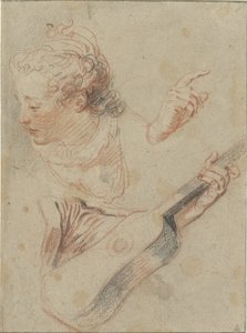 うつ伏せの女の子の頭、ギターとそれらを演奏する手の学習シート 作： Jean Antoine Watteau