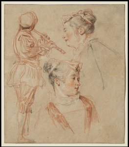 フルート奏者と二人の女性の研究、c.1717 作： Jean Antoine Watteau