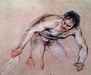 ドレープを引いて跪く裸の男の習作 ドローイング・ア・ラ・サンギーヌ ジャン・アントワーヌ・ワトー（1684-1721）作 18世紀 日0.24x0.29 m パリ、ルーヴル美術館 作： Jean Antoine Watteau