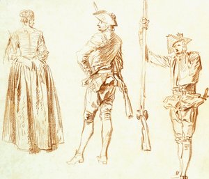 若い女性と2人の猟師の研究、c.1712-13