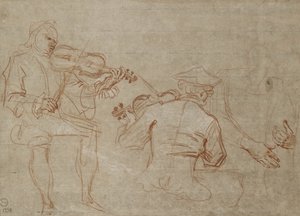 腕を持っている2人のヴァイオリニストと1組の手の研究（紙に赤と白のチョーク） 作： Jean Antoine Watteau
