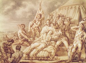 モンカルム・ド・サン＝ヴェラン侯爵の死（1712-59）（紙とボディカラーのペンとインクで洗う） 作： Jean Antoine Watteau