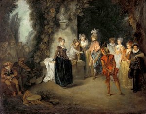 ワトー、ジャン・アントワーヌ（1684-1721）の『フランス喜劇』、1716年以降 - 油彩・カンヴァス、37x48 - ベルリン国立美術館（Staatliche Museen, Berlin）。 作： Jean Antoine Watteau