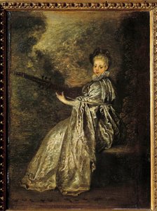 弦楽器を演奏するフィネットの少女。ジャン・アントワーヌ・ワトー（1684-1721）の絵画 18世紀 日0.25×0.19m 作： Jean Antoine Watteau