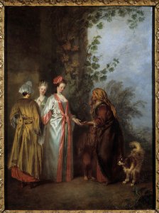 占い師。ジャン・アントワーヌ・ワトー（1684-1721）の絵画 作： Jean Antoine Watteau
