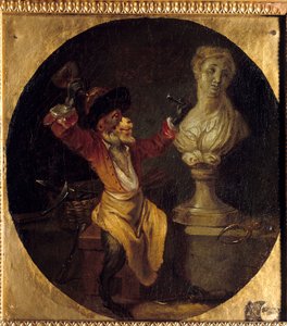 彫刻家の猿。人間の位置にいる動物。ジャン・アントワーヌ・ワトー（1684-1721）の絵画 作： Jean Antoine Watteau
