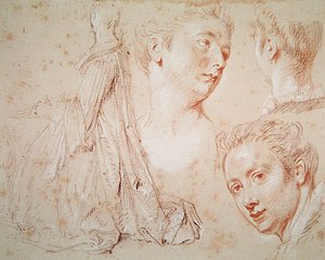3つの頭と座る女、1716年頃（紙に黒と赤のチョークが描かれたクレヨン）