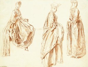右側に横向きの3人の女性、1人が着席、c.1713-14 作： Jean Antoine Watteau