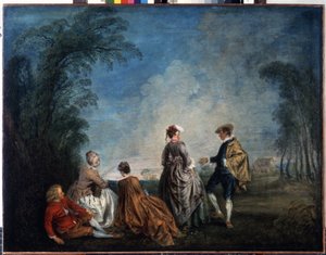 恥ずかしい提案。 ジャン アントワーヌ ヴァトー (1684-1721) の絵画。 キャンバスに油彩、65 x 84.5 cm 作： Jean Antoine Watteau