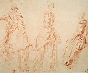 3人の女性、1人は右側に座っている（紙に赤いチョーク） 作： Jean Antoine Watteau