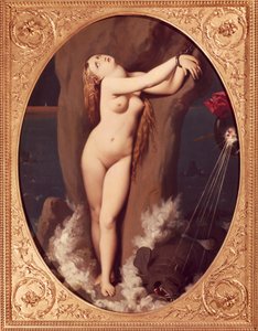 ジャン・オーギュスト・ドミニク・イングレス（1780-1867）の鎖につながれたアンジェリカ、キャンバスに油彩、97x75 cm、アンジェリカを救うルッジェーロの最初のバージョン 作： Jean Auguste Dominique Ingres