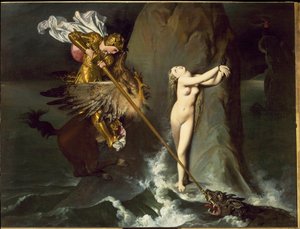 ロジャー（ルッジェーロ、Ruggiero）がカバの爪に乗って解放されるアンジェリカ（Ludovico Ariosto著『Orlando furioso』より） - 油彩・キャンバス 作： Jean Auguste Dominique Ingres