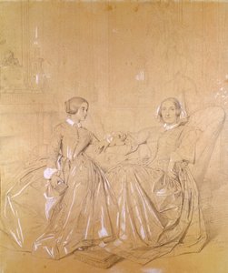 シャルルダゴール伯爵夫人（1805-76年）と娘のクレアダゴール（1849年5月）（紙に白いチョークが描かれた鉛筆）