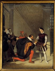 アンリ4世（1553-1610）の剣に口づけするフィリップ2世の大使、ドン・ペドロ・デ・トレド（1553-1610）。ルーヴル美術館のアンリ2世の階段。ジャン・オーギュスト・ドミニク・アングル（1780-1867）の絵画 19世紀 日。0.36x0.28 m - ドン・ペドロ・デ・トレド、フィリップ2世の大使。 作： Jean Auguste Dominique Ingres
