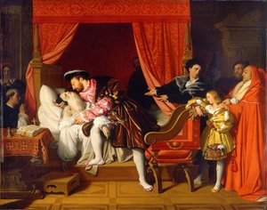 フランシス1世、レオナルドダヴィンチの最後の息吹を受け取る 作： Jean Auguste Dominique Ingres