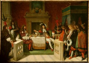ルイ14世とモリエール国王ルイ14世（1638-1715）とジャン・バティスト・ポケリン・ディット・モリエール（1622-1673）が、宮廷人の前でテーブルについている様子。ジャン・オーギュスト・ドミニク・アングル（1780-1867）の絵画 作： Jean Auguste Dominique Ingres