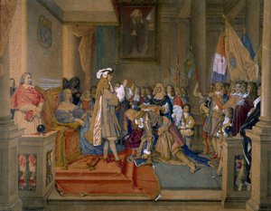 ベリック元帥がスペイン国王フェリペ 5 世から金羊毛勲章を受章、1864 年。 作： Jean Auguste Dominique Ingres