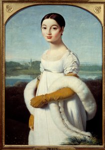 カロリーヌ・リヴィエール嬢の肖像......第一帝政期のファッションに身を包んだ若い女性。ジャン・オーギュスト・ドミニク・アングル（1780-1867）による絵画 1805年 日。1x0.7 m - マドモアゼル・カロリーヌ・リヴィエールの肖像。若い女性は、第一帝政期のファッションに身を包んでいます。 作： Jean Auguste Dominique Ingres