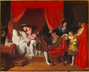 フランス国王フランソワ1世（1492-1547）は、クロリュセでレオナルドデヴィンチの最後のため息を受け取ります 作： Jean Auguste Dominique Ingres