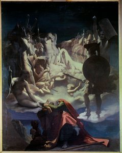 オシアンの夢 ジャン・フランソワ（Jean-Francois）・ル・スール（Lesueur）（1760-1837）のオペラ「オシアンまたは吟遊詩人」の挿絵 吟遊詩人のオシアンは、ナポレオンが読んだ3世紀のスコットランドの詩人で、竪琴の上で眠る代表的な人物で、ベヒ 作： Jean Auguste Dominique Ingres