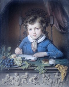 窓際のニッチに座って青いジャケットを着た少年のポートレート 作： Jean Augustin Daiwaille (attributed to)