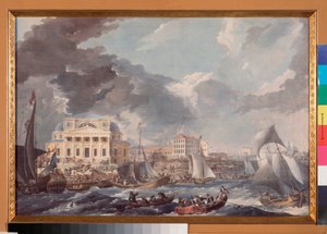 Vue de la Bourse a Saint Petersburg (サンクトペテルブルクの証券取引所の眺め) - Jean Balthazard de la Traverse (18 世紀後半) の作品、紙に水彩、グワッシュ 作： Jean Balthazard de la Traverse