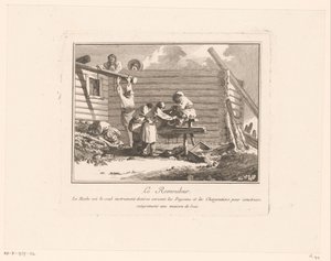建設中の木造住宅の前のハサミそりの人物像 Le Remouleur (オブジェクトのタイトル) 作： Jean Baptist Leprince