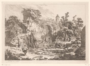 網を張った漁師の家の前の女性 作： Jean Baptist Leprince